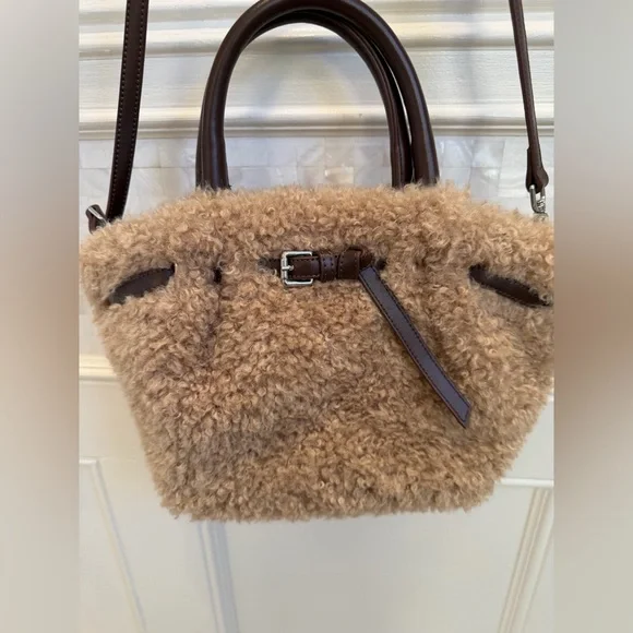 New Anthropologie Sherpa belted tote bag crossbody purse tan brown satchel - Picture 2 of 15